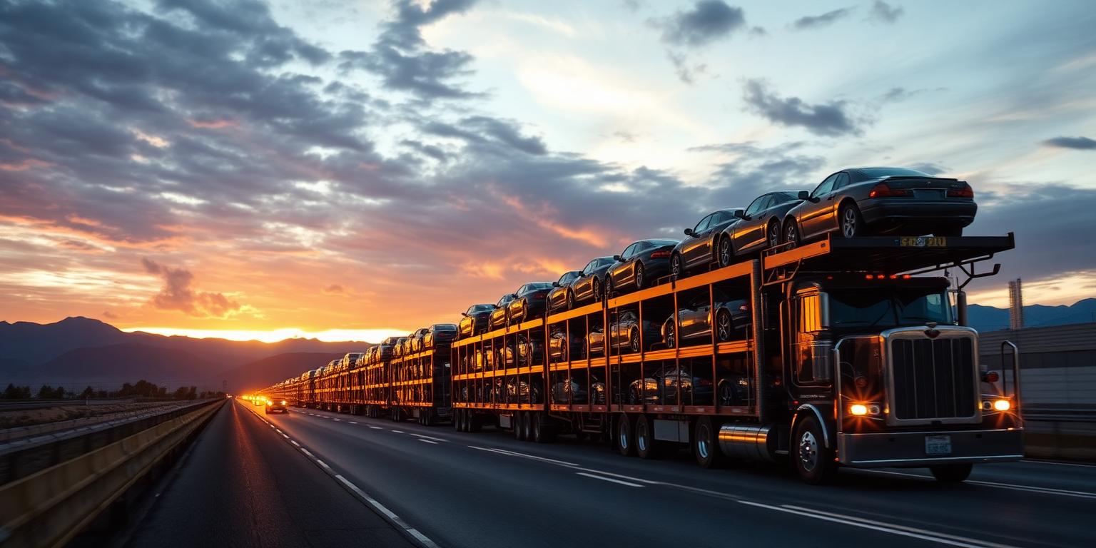 Fleet of multi-level car carrier trucks loaded with vehicles driving across a US interstate highway at sunset