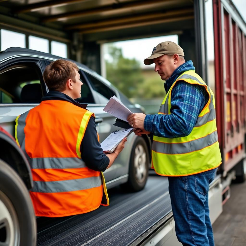 Driver in a high-vis vest completing a pre-load vehicle inspection and Bill of Lading at door-to-door pickup