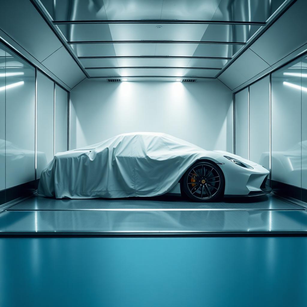 Covered exotic supercar inside a clean enclosed transport trailer with LED lighting