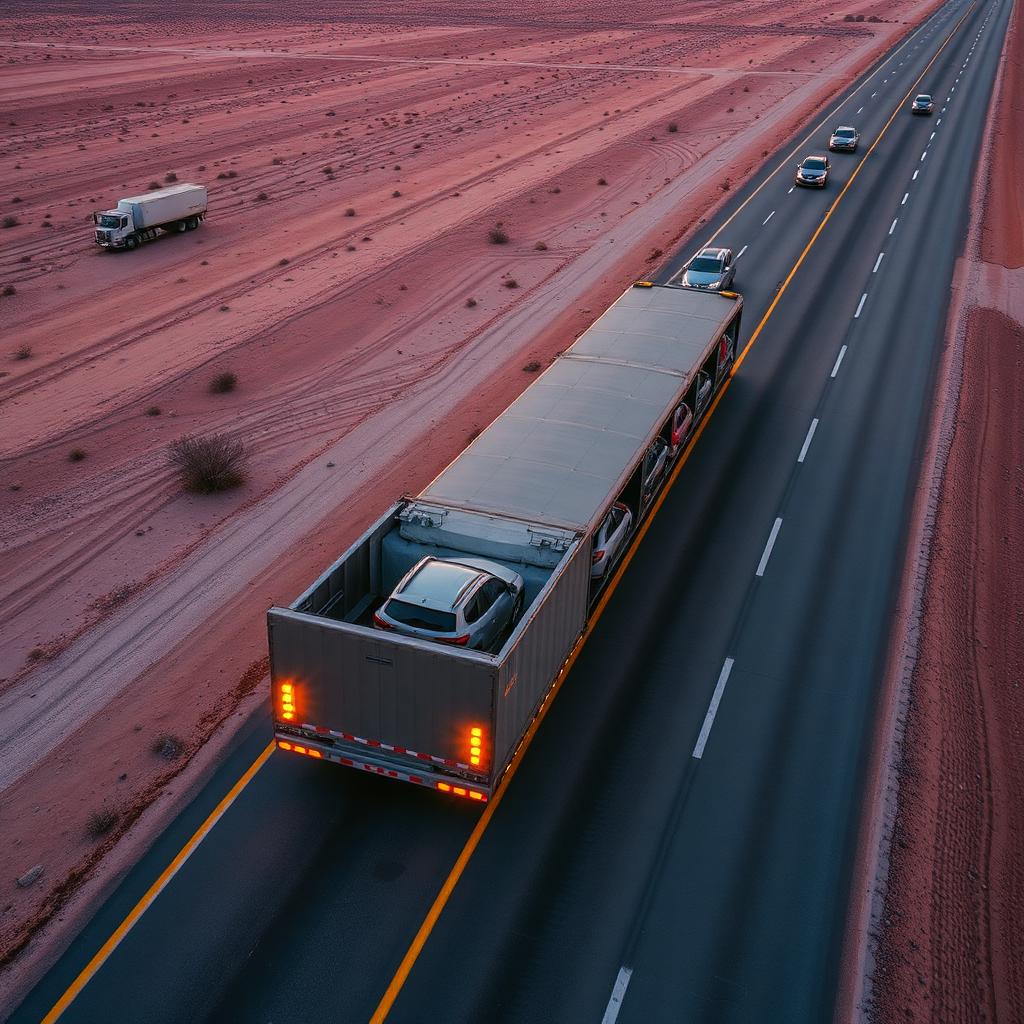 Aerial view of a loaded open auto transport trailer carrying sedans and pickups on a long desert interstate at sunrise